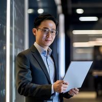 磁力搜索产品总监陈晓的专业形象照，面容亲切，手持平板电脑，背景为产品原型展示墙，展现出对产品细节的专注与热情