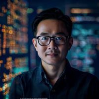 磁力搜索算法首席工程师张云的专业形象照，戴着眼镜，神情专注地看向远方，背景为满屏代码的显示器，展现出深厚的技术积累
